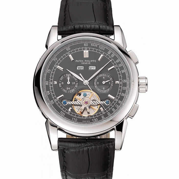 Patek Philippe Grand Complications Stainless Steel Case Black Dial Black Leather Bracelet 622258