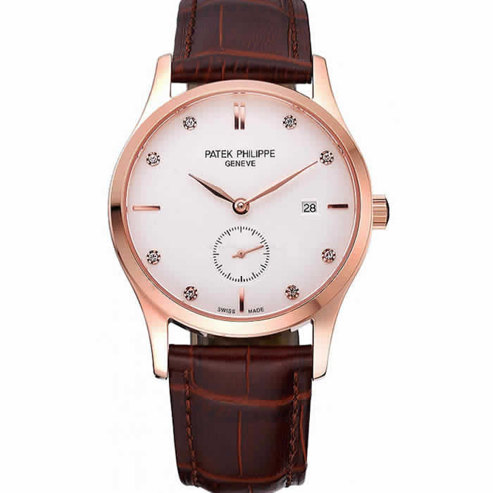 Patek Philippe Calatrava White Dial Diamond Numerals Rose Gold Case Brown Leather Strap  622834