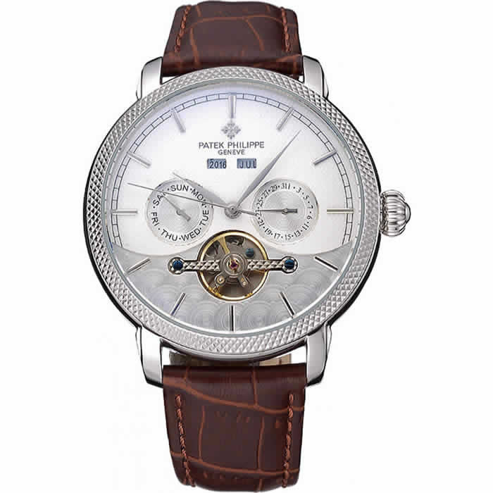 Patek Philippe Day Date Tourbillon White Dial Stainless Steel Case Embossed Bezel Brown Leather Strap  622837