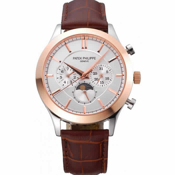 Patek Philippe Moonphase Chronograph White Dial Gold Case Brown Leather Strap  622843