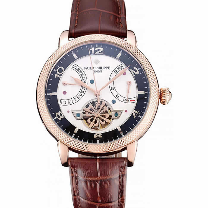 Patek Philippe Classic Tourbillon Power Reserve Black And White Dial Rose Gold Case Brown Leather Strap