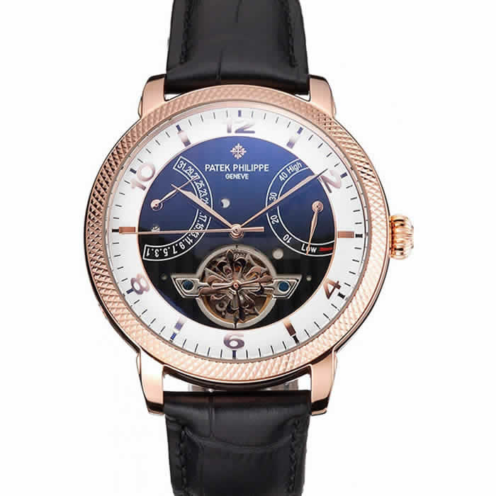 Patek Philippe Classic Tourbillon Power Reserve Black And White Dial Rose Gold Case Black Leather Strap