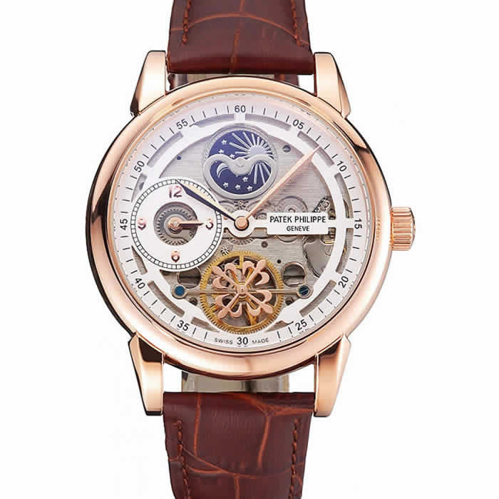 Patek Philippe Dual Time Moonphase Tourbillon White Skeletonised Dial Rose Gold Case Brown Leather Strap