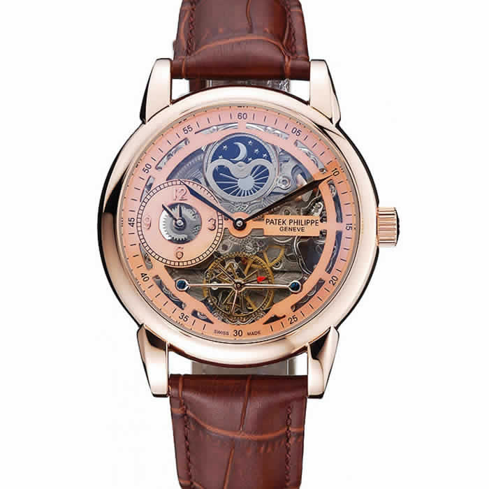 Patek Philippe Dual Time Moonphase Tourbillon Gold Skeletonised Dial Rose Gold Case Brown Leather Strap