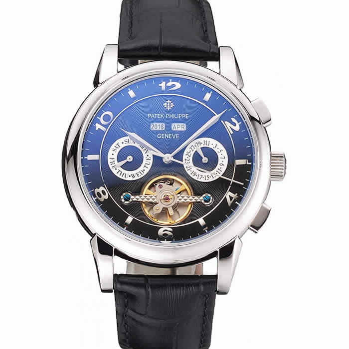 Patek Philippe Perpetual Calendar Tourbillon Black Dial Stainless Steel Case Black Leather Strap