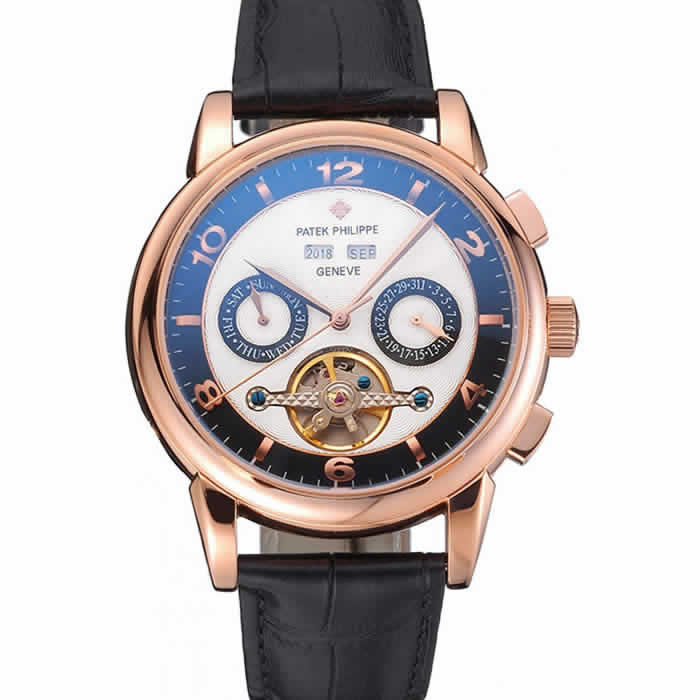 Patek Philippe Perpetual Calendar Tourbillon Two Tone Dial Rose Gold Case Black Leather Strap