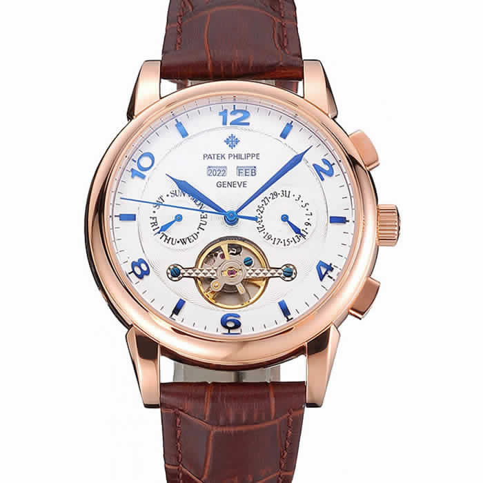 Patek Philippe Perpetual Calendar Tourbillon White Dial Rose Gold Case Brown Leather Strap