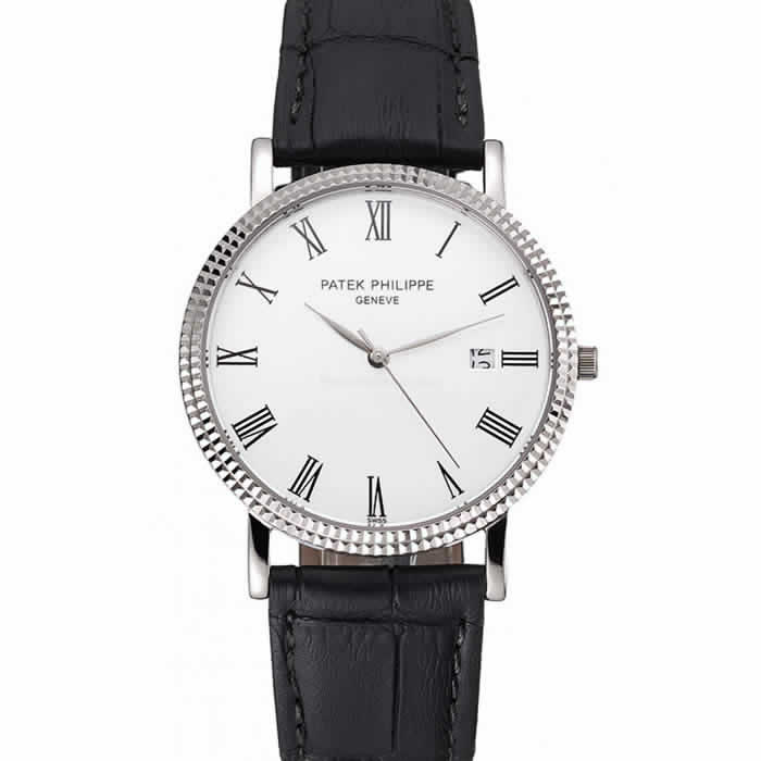 Patek Philippe Calatrava White Dial Roman Numerals Ribbed Bezel Stainless Steel Case Black Leather Strap