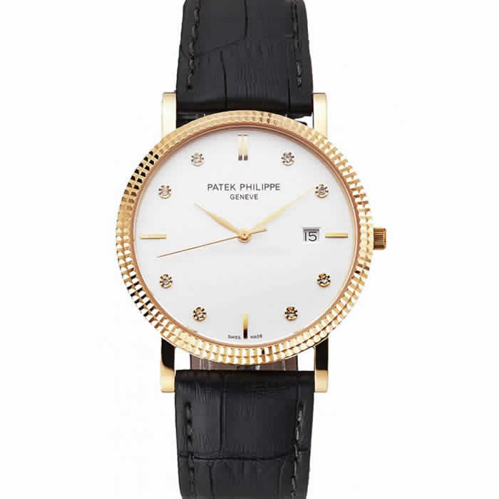 Patek Philippe Calatrava White Dial Diamond Hour Marks Ribbed Bezel Gold Case Black Leather Strap