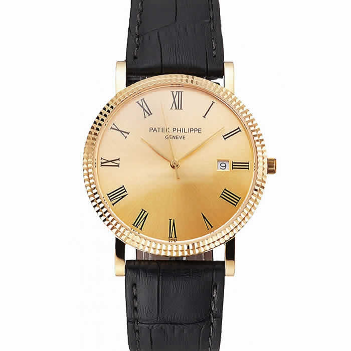 Patek Philippe Calatrava Gold Dial Roman Numerals Ribbed Bezel Gold Case Black Leather Strap