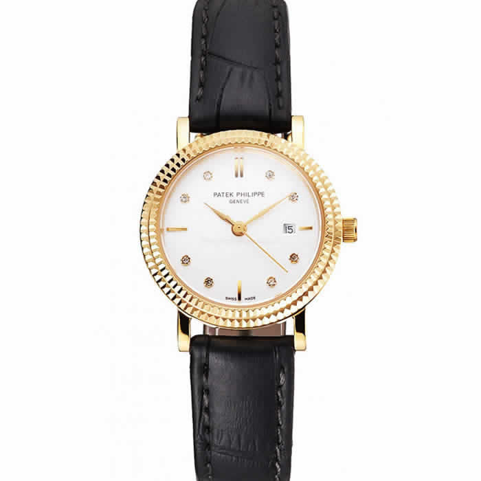 Patek Philippe Calatrava White Dial Diamond Hour Marks Double Ribbed Bezel Gold Case Black Leather Strap