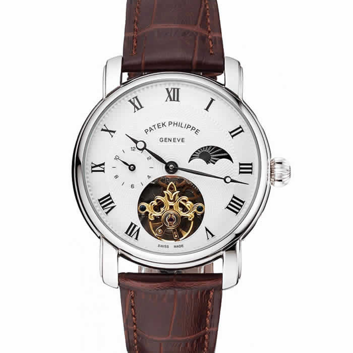 Patek Philippe Complications Moonphase Tourbillon White Dial Stainless Steel Case Brown Leather Strap