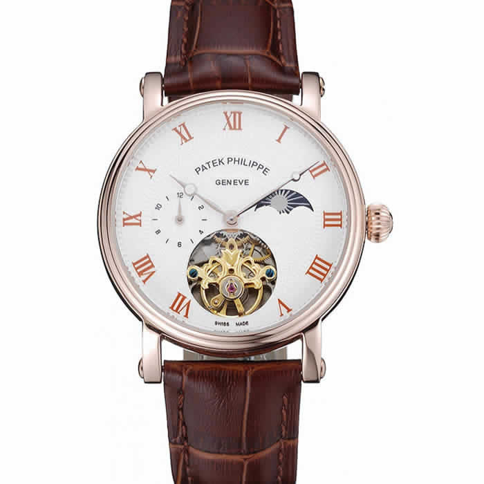 Patek Philippe Complications Moonphase Tourbillon White Dial Rose Gold Case Brown Leather Strap