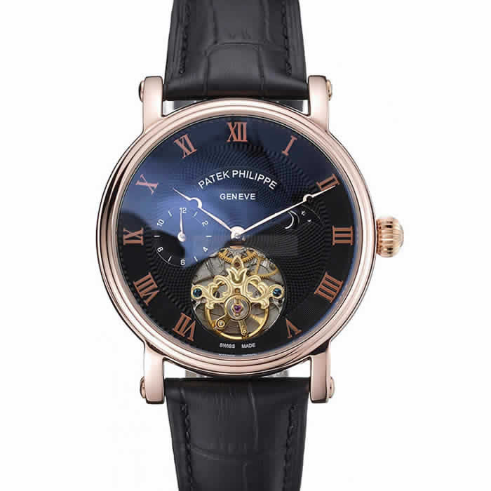 Patek Philippe Complications Moonphase Tourbillon Black Dial Rose Gold Case Black Leather Strap