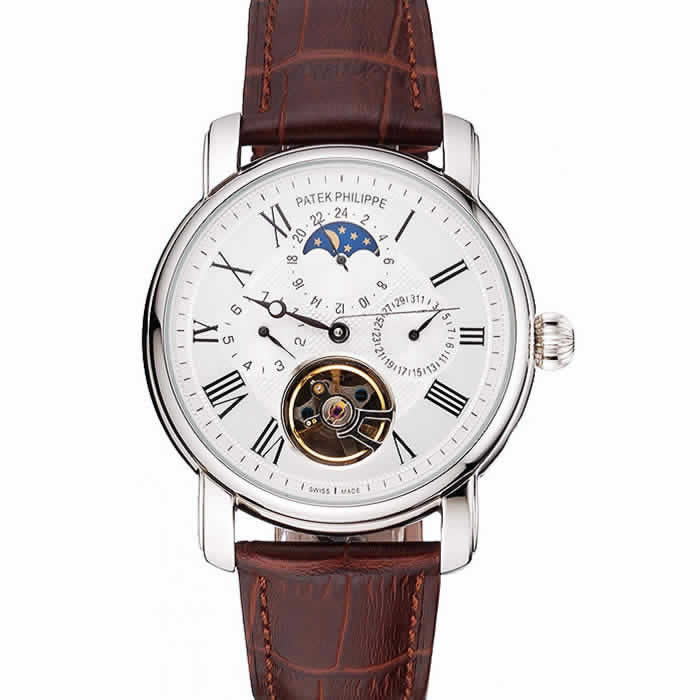 Patek Philippe Grand Complications Moonphase Perpetual Calendar Tourbillon White Dial Stainless Steel Case Brown Leather Strap