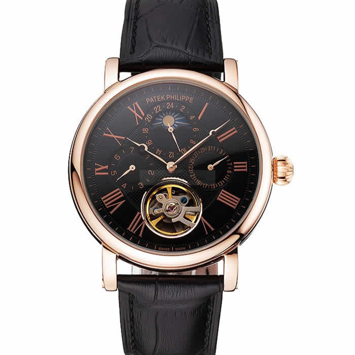 Patek Philippe Grand Complications Moonphase Perpetual Calendar Tourbillon Black Dial Rose Gold Case Black Leather Strap