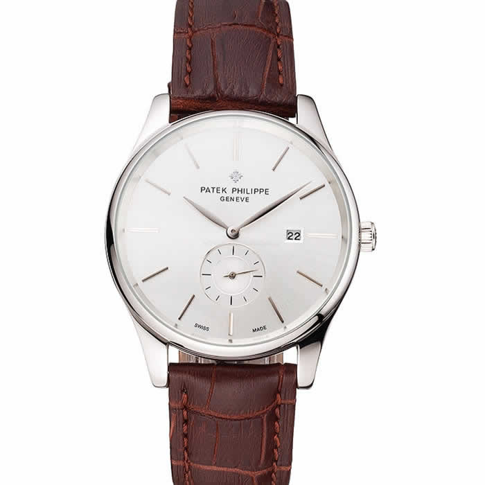 Patek Philippe Calatrava Date Silver Dial Stainless Steel Case Brown Leather Strap