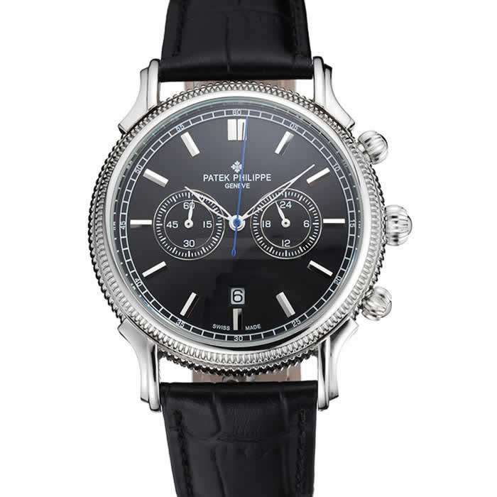 Patek Philippe Chronograph Black Dial Stainless Steel Case Black Leather Strap