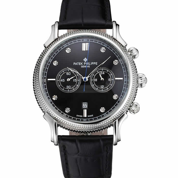 Patek Philippe Chronograph Black Dial With Diamonds Stainless Steel Case Black Leather Strap