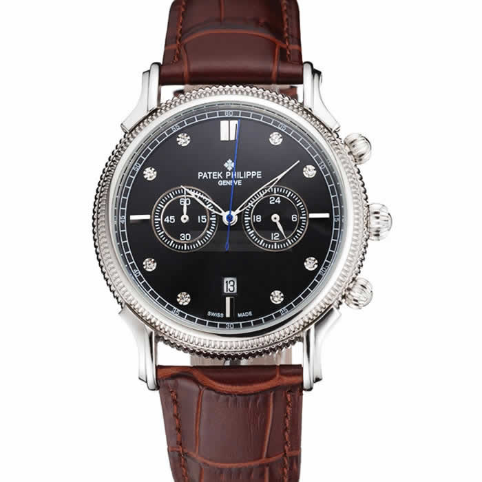 Patek Philippe Chronograph Black Dial With Diamonds Stainless Steel Case Brown Leather Strap