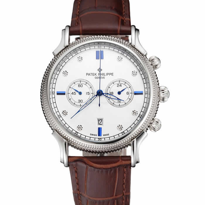 Patek Philippe Chronograph White Dial With Diamond And Blue Markings Stainless Steel Case Brown Leather Strap