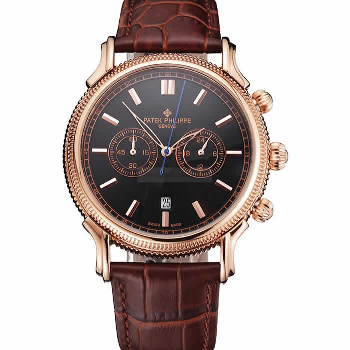 Patek Philippe Chronograph Black Dial Rose Gold Case Brown Leather Strap