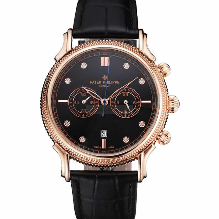 Patek Philippe Chronograph Black Dial With Diamonds Rose Gold Case Black Leather Strap