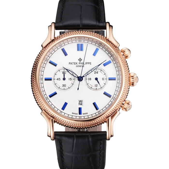 Patek Philippe Chronograph White Dial Blue Markings Rose Gold Case Black Leather Strap