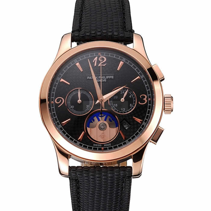 Patek Philippe Chronograph Black Guilloche Dial Rose Gold Case Black Leather Strap