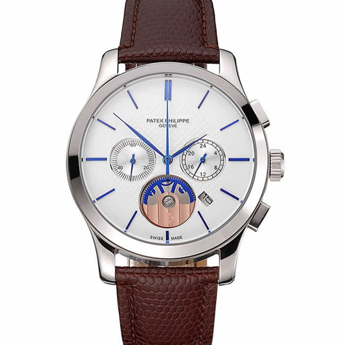 Patek Philippe Chronograph White Dial Blue Hands Stainless Steel Case Brown Leather Strap