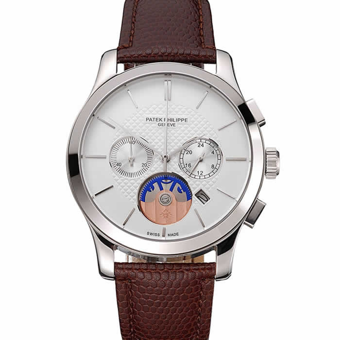 Patek Philippe Chronograph White Dial Stainless Steel Case Brown Leather Strap