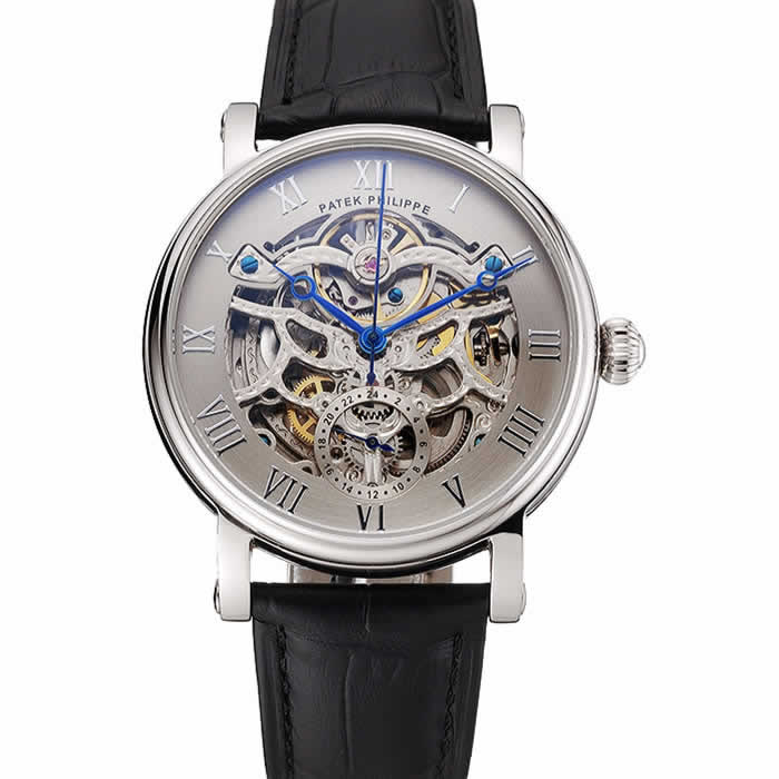 Patek Philippe Grand Complications Gray Skeleton Dial Stainless Steel Case Black Leather Strap 1453811