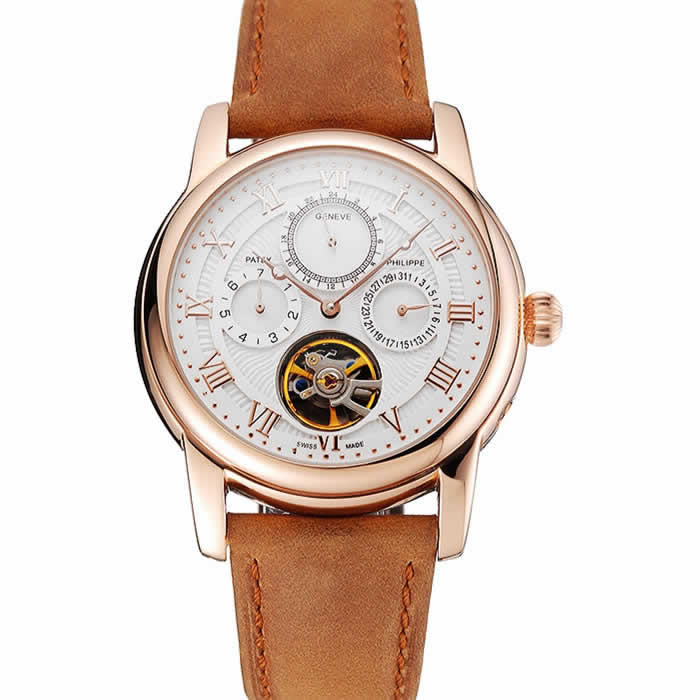 Patek Philippe Grand Complications Day Date Tourbillon White Dial Rose Gold Case Brown Suede Leather Strap 1453813