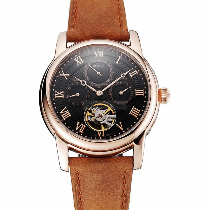 Patek Philippe Grand Complications Day Date Tourbillon Black Dial Rose Gold Case Brown Suede Leather Strap 1453814
