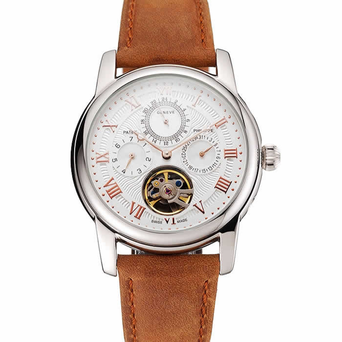 Patek Philippe Grand Complications Day Date Tourbillon White Dial Rose Gold Numerals Stainless Steel Case Brown Suede Leather Strap 1453818