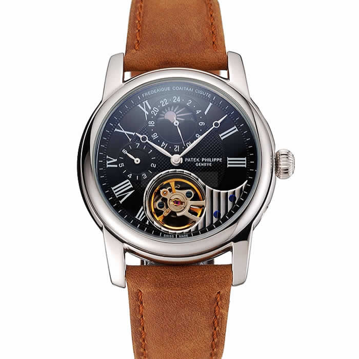 Patek Philippe Grand Complications GMT Moonphase Tourbillon Black Dial Stainless Steel Case Brown Suede Leather Strap 1453822