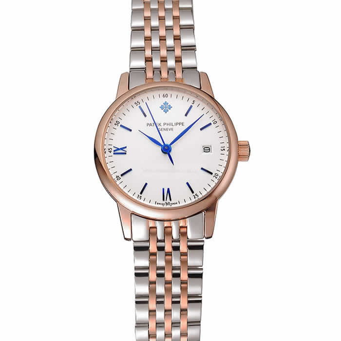 Patek Philippe Calatrava Ladies White Dial Blue Numerals Rose Gold Case Two Tone Bracelet 1453830