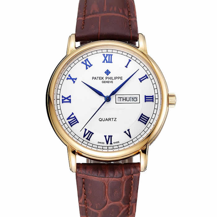 Patek Philippe Calatrava White Dial Blue Roman Numerals Gold Case Brown Leather Bracelet 1454057