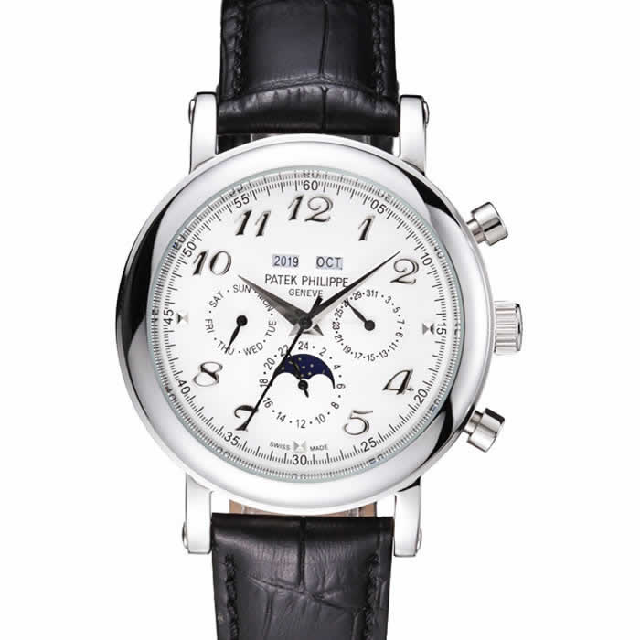 Patek Philippe Grand Complications Moon Phase White Dial Black Leather Bracelet