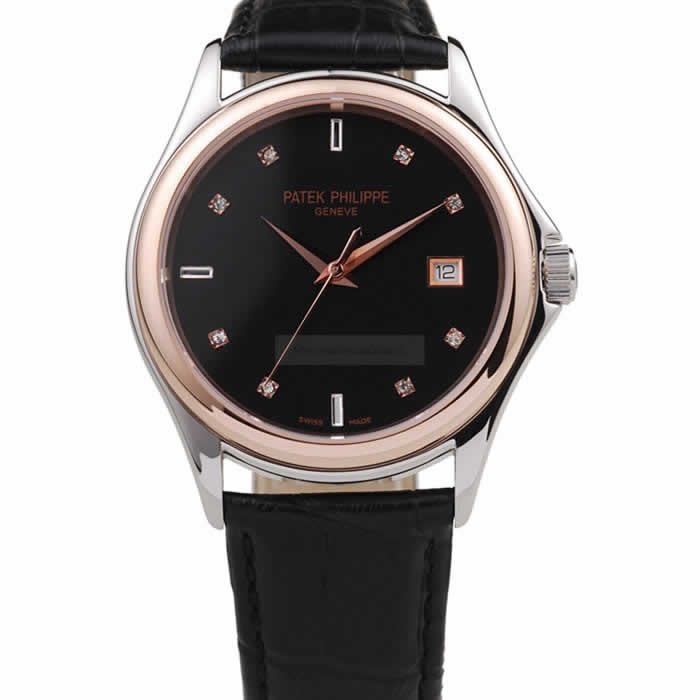 Patek Philippe Geneve Calatrava Crystal Studded Hour Marker Black Dial Black Leather Strap 98169