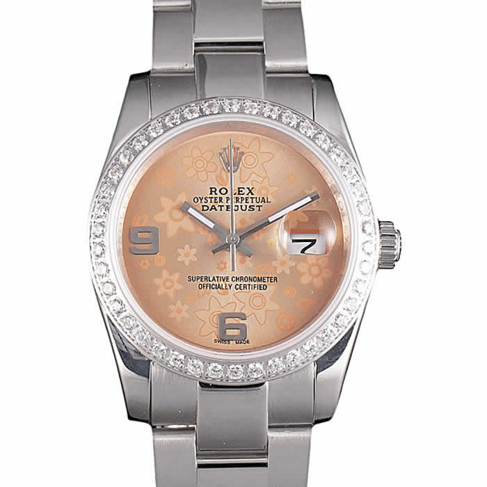 Rolex Datejust Polished Stainless Steel Orange Flowers Dial Diamond Plated