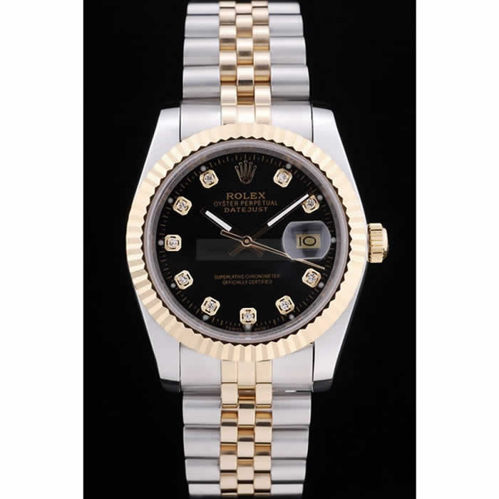 Rolex Datejust Black Dial Diamonds Ribbed Bezel 7453