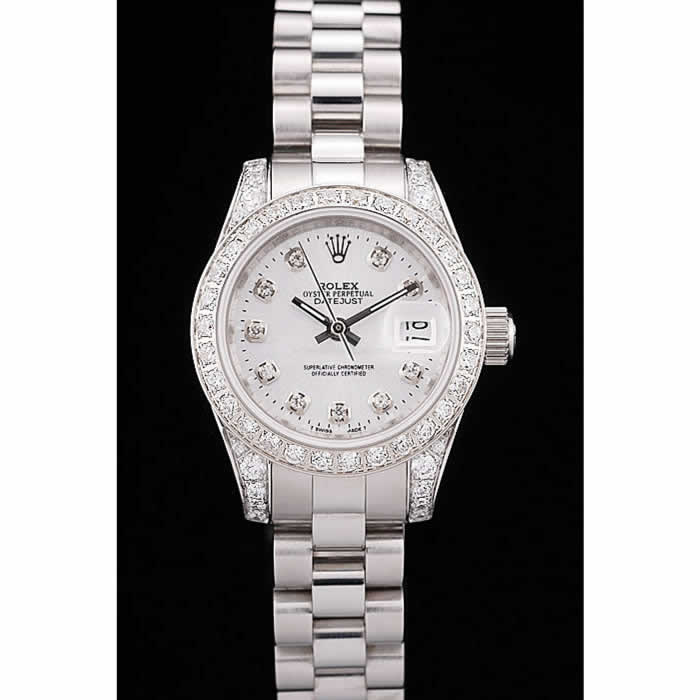 Rolex DateJust Brushed Stainless Steel Diamond Plated Case White Dial Diamond Plated Bezel