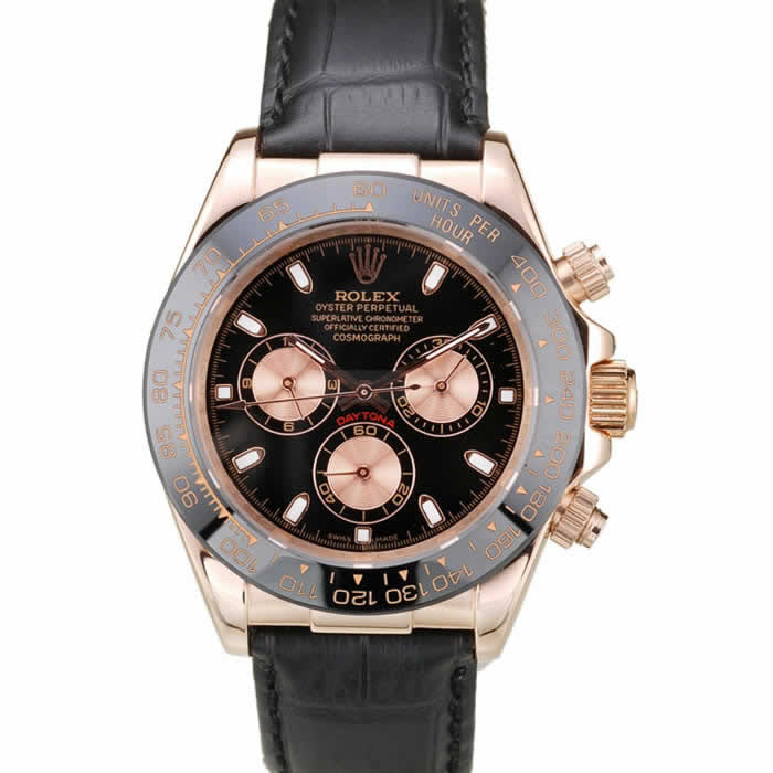 Rolex Daytona Rose Gold Case Black Dial Black Leather Strap