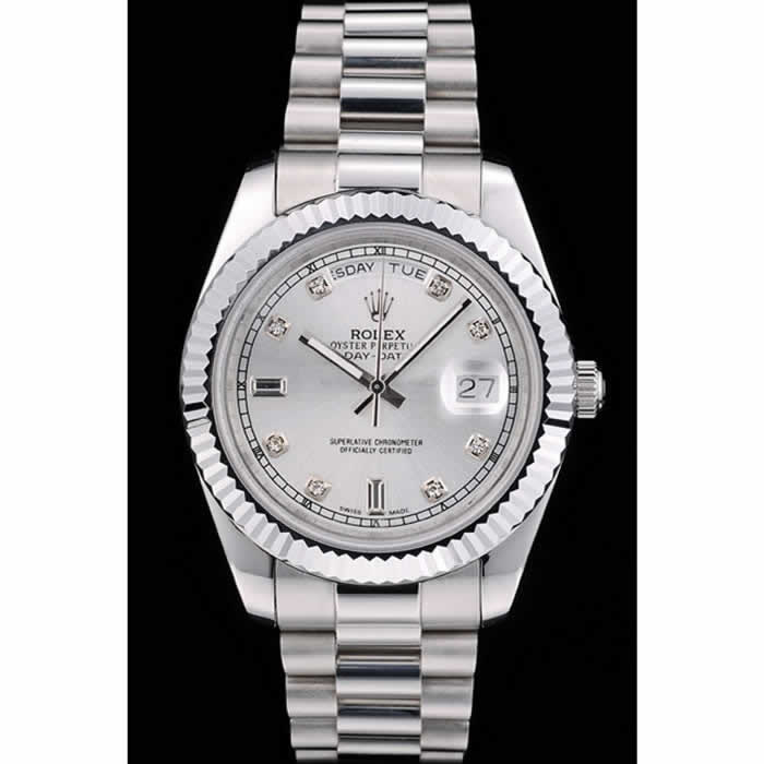 Rolex DayDate Stainless Steel Ribbed Bezel Silver Dial 41976