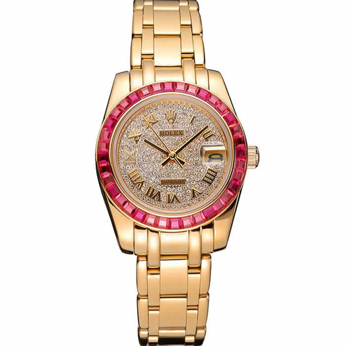 Rolex Datejust Diamond Dial Pink Jewels Bezel Gold Case And Bracelet  622835