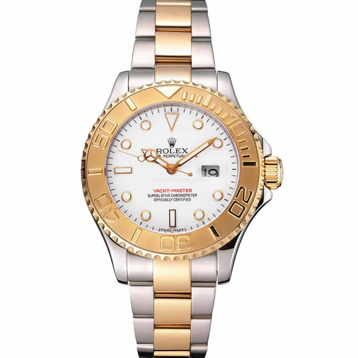 Rolex Yacht-Master White Dial Gold Bezel Stainless Steel Case Two Tone Bracelet