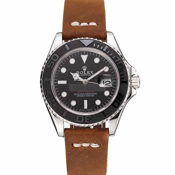 Rolex Yacht Master Black Dial Silver Case Brown Leather Bracelet 1453859