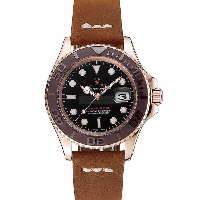 Rolex Yacht Master Black Dial Brown Bezel Rose Gold Case Brown Leather Bracelet 1453860