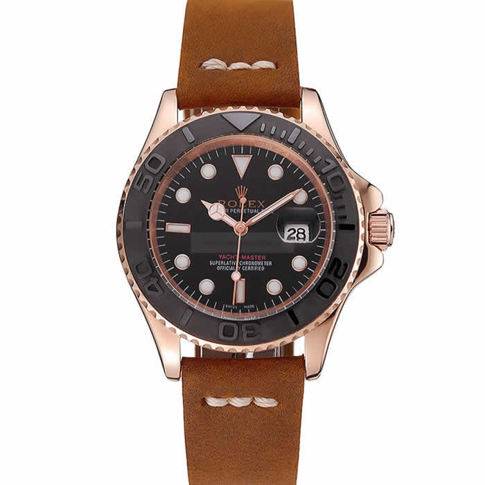 Rolex Yacht Master Black Dial Rose Gold Case Brown Leather Bracelet 1453861